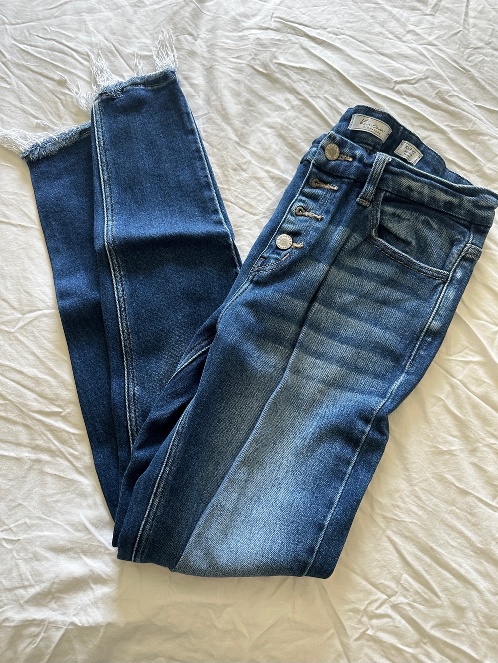 High-Rise Button-Fly Distressed Blue Jeans